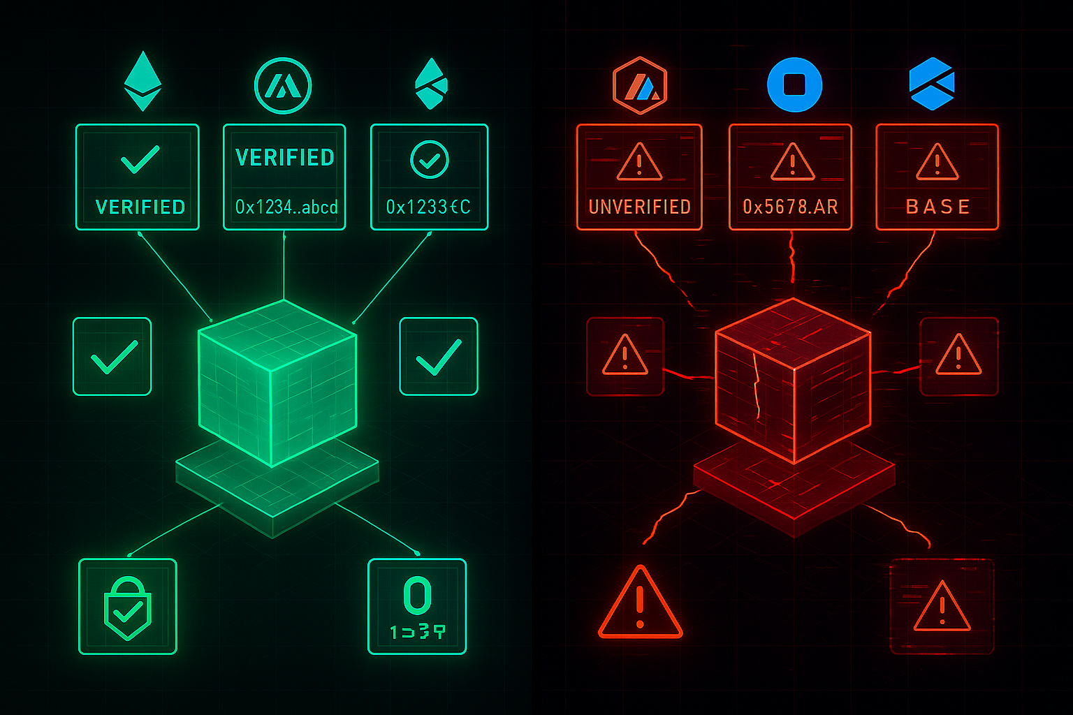 Cross-chain contract verification comparing legitimate vs fake contracts
