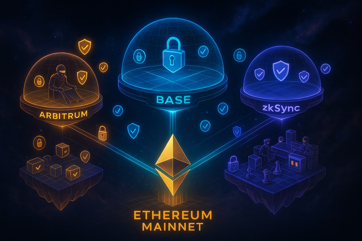 Logos of Layer 2 networks like Arbitrum, Base, and zkSync protected by a security shield.
