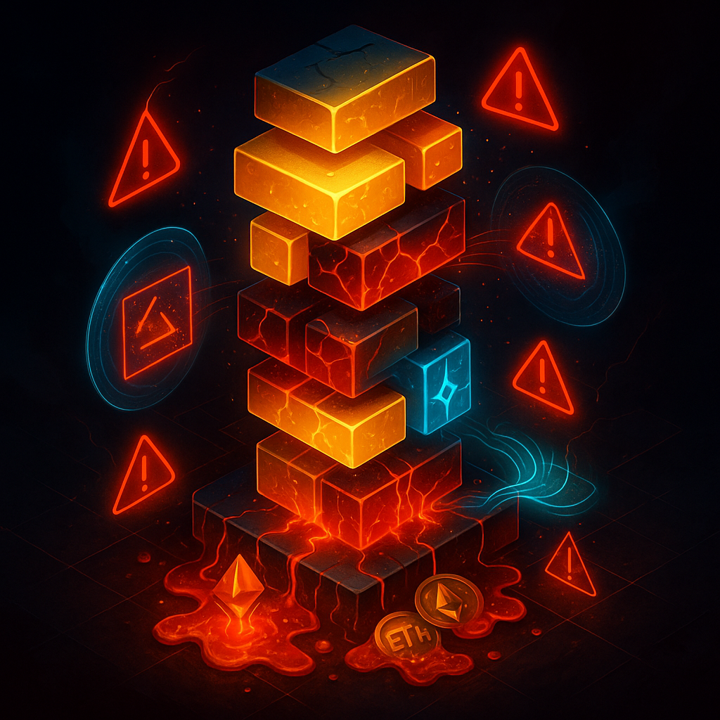 A Jenga tower representing the stacked risks of liquid restaking protocols.