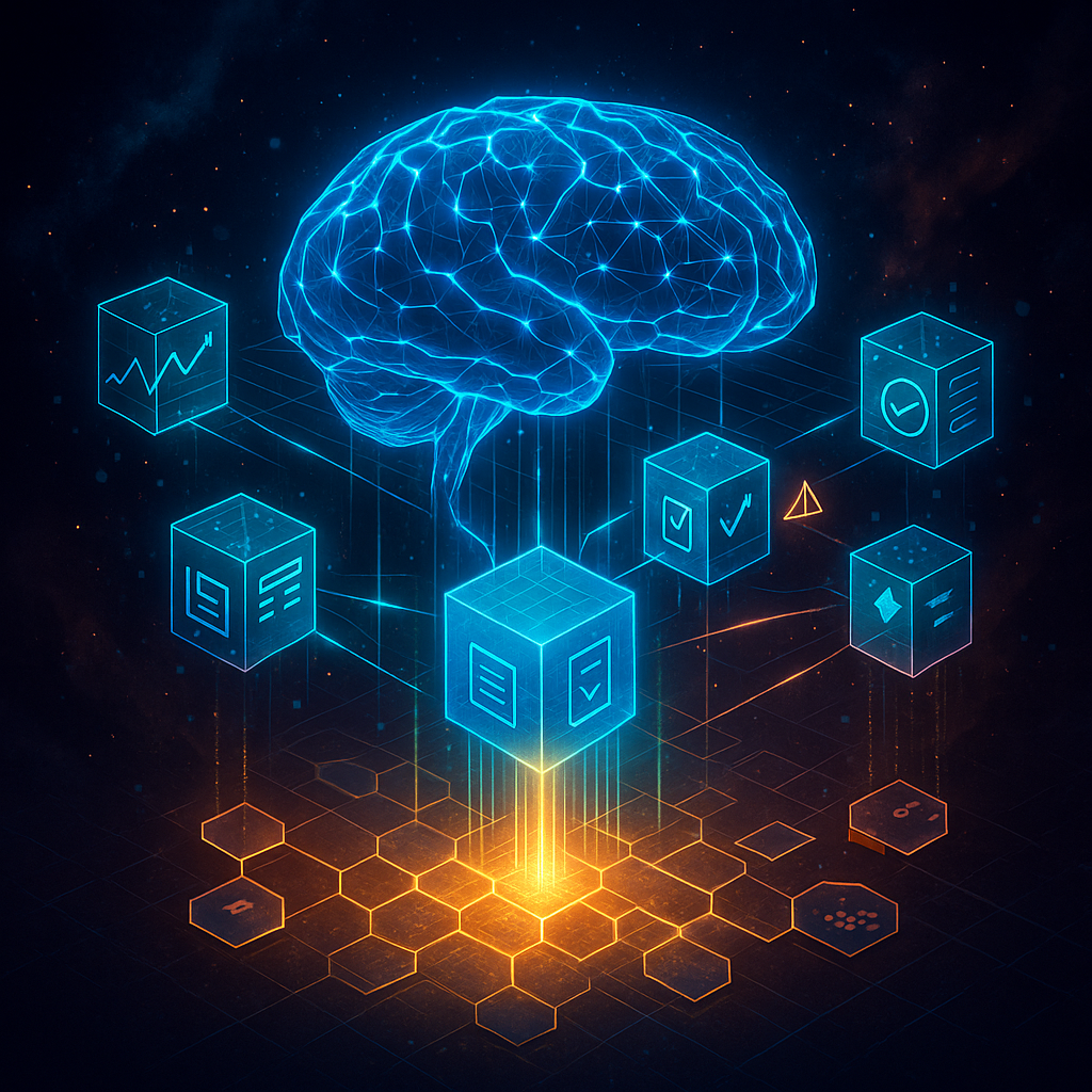 A network of glowing nodes representing autonomous AI agents operating on the blockchain.