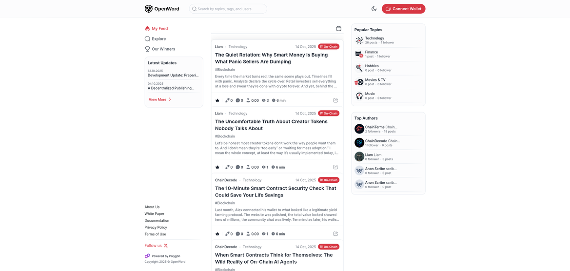 OpenWord.io homepage showing the decentralized publishing platform interface on Polygon