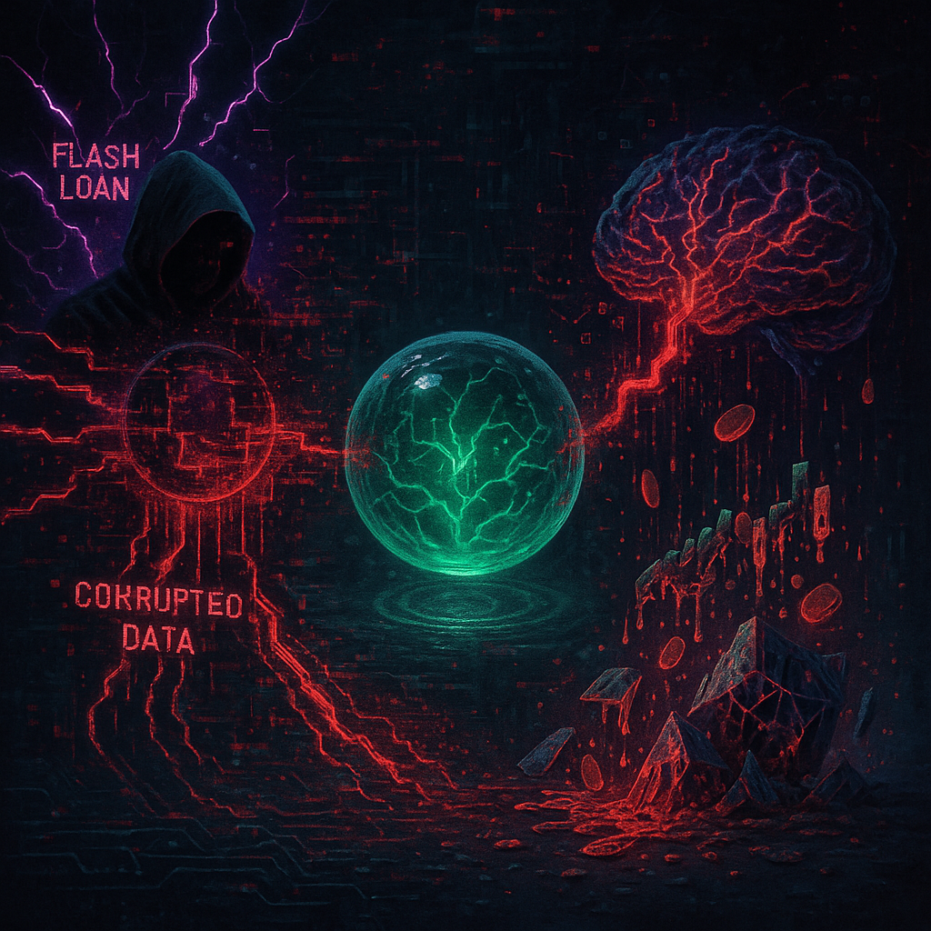 Oracle manipulation attack on AI agent showing DeFi vulnerability flow