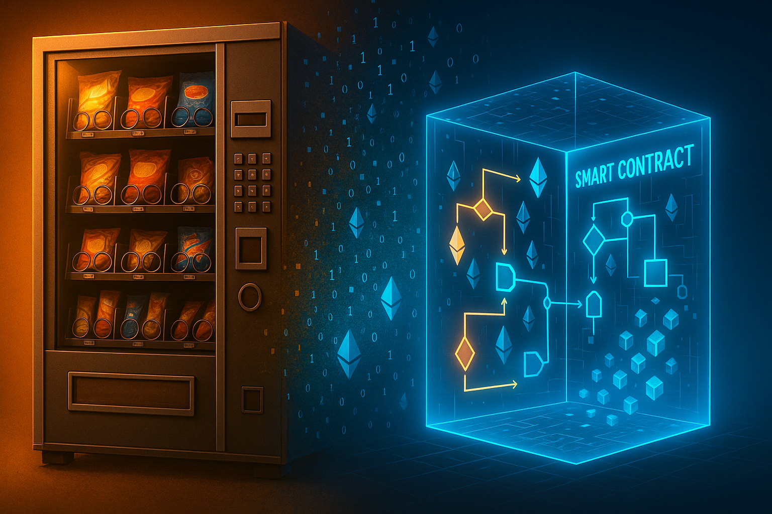 A visual analogy comparing a smart contract to a vending machine.
