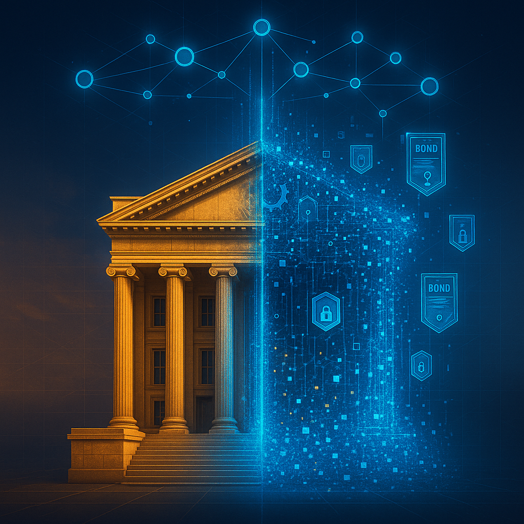 A physical treasury bond transforming into a digital token on the blockchain.