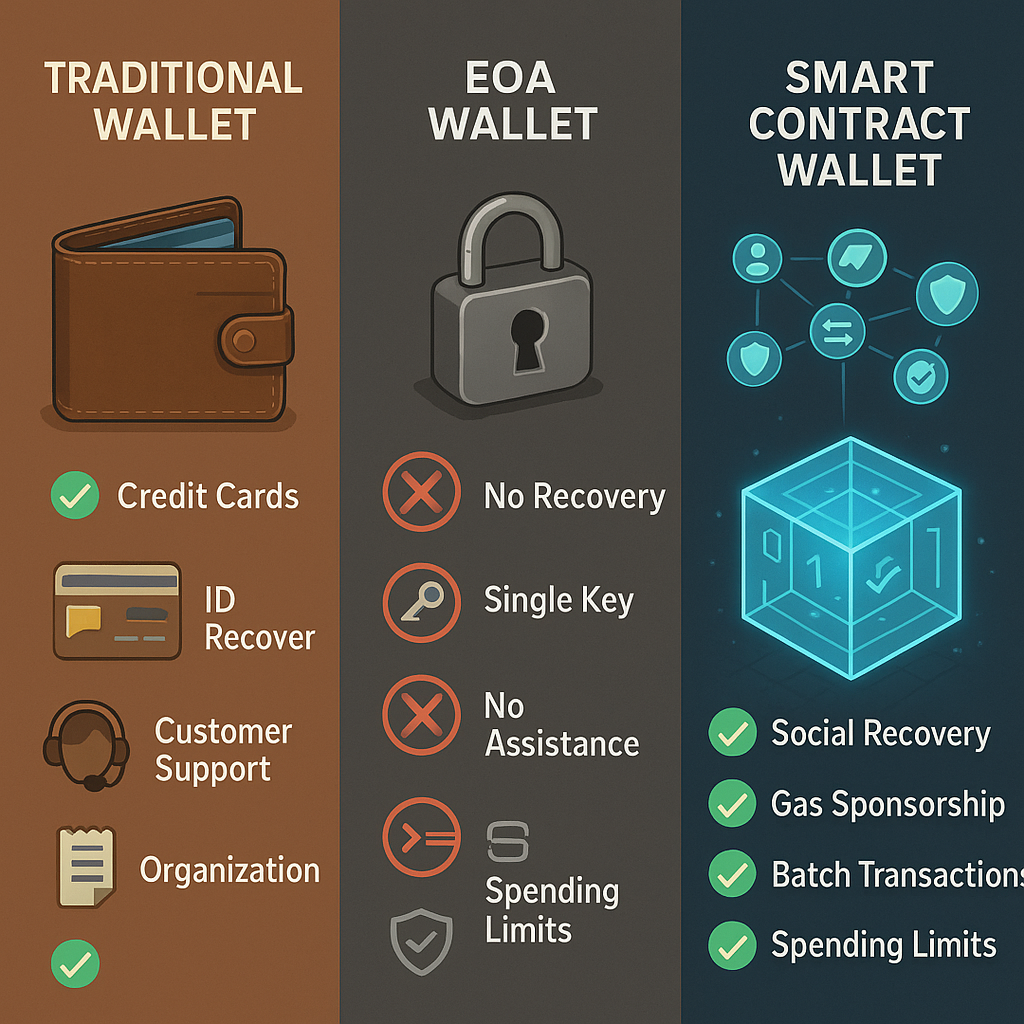 Traditional vs EOA vs smart contract wallet features comparison chart