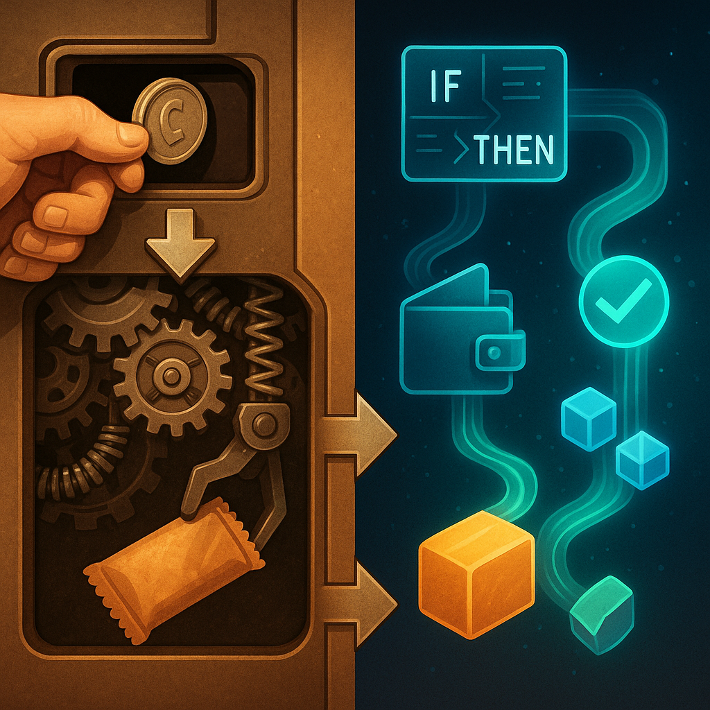 Vending machine vs smart contract process comparison diagram